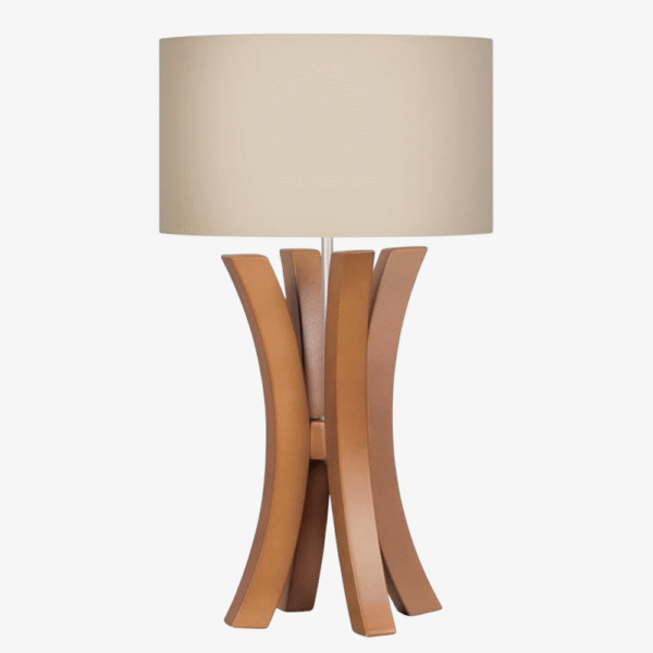 Sculptural Wooden Table Lamp with Arched Base & Fabric Shade