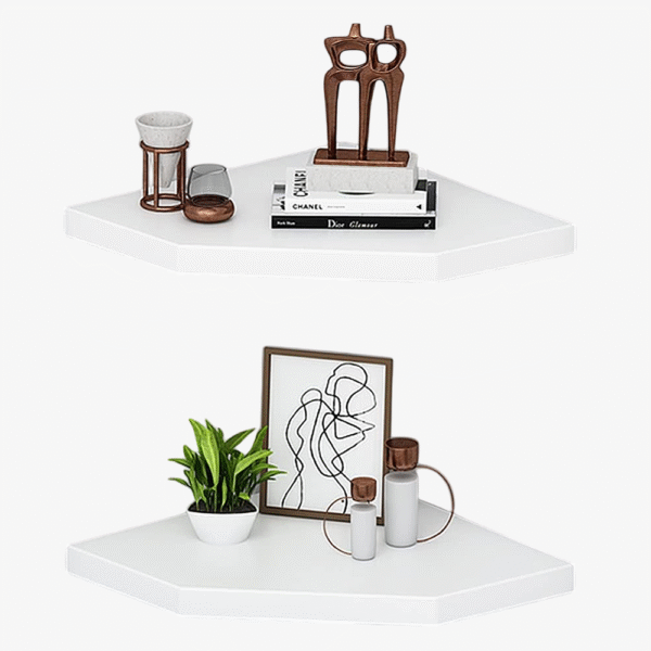 Set of 2 White Corner Floating Shelves - Space-Saving Pentagon Wall Display Ledges