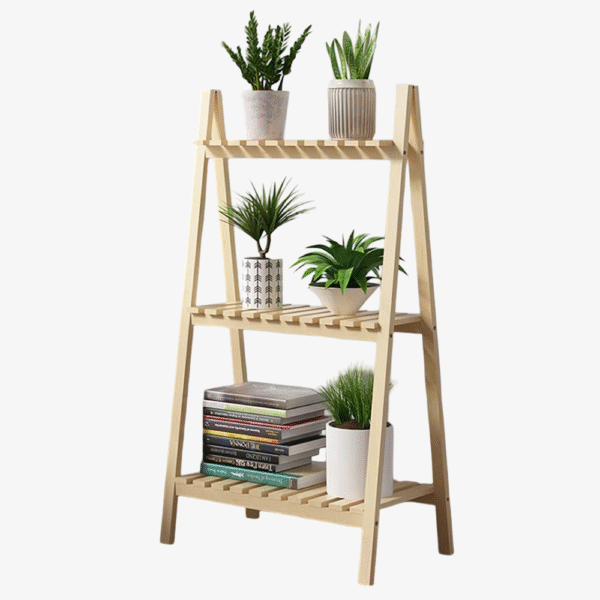 3-Tier Folding A-Frame Ladder Shelf - Natural Wood Slatted Plant Stand & Book Storage